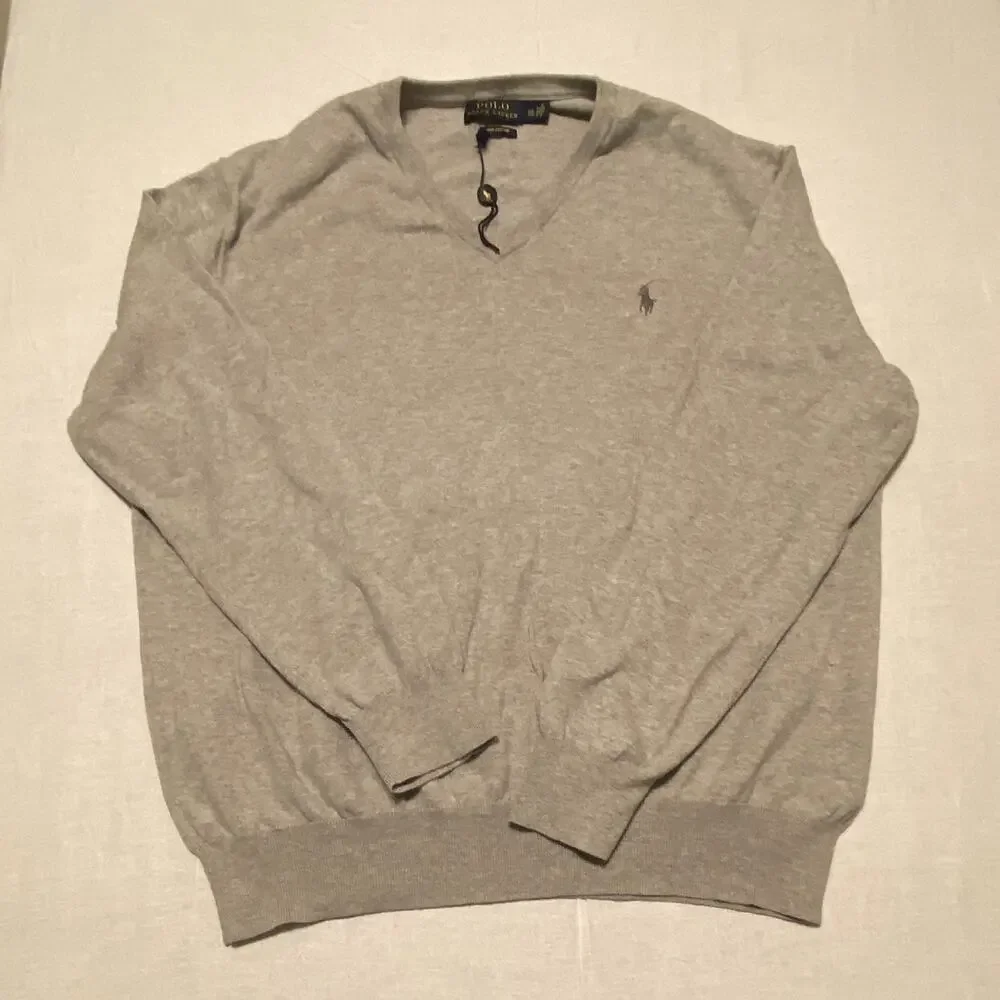 Polo Ralph Lauren Mens XXL Gray V-Neck Knit Cotton Logo Long Sleeve Sweater